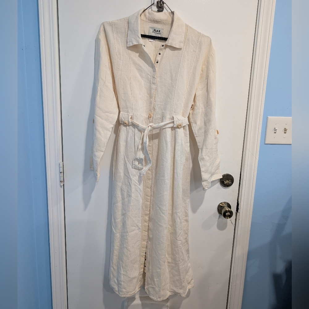 VTG Flax By Jeanne Englehart Cream Snap-Up Belted Maxi Dress Duster Lagenlook - Picture 3 of 9
